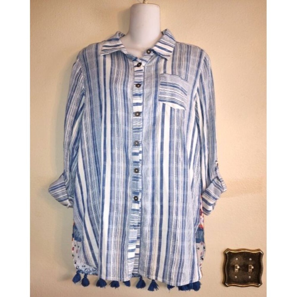 Women Kyla Seo Boho Blue White Striped Cotton Shirt w Tessels Sz S Pit 2 pit 19"
